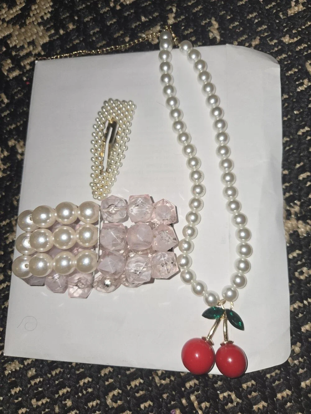 Pearl Necklace with Red Cherry Pendant by